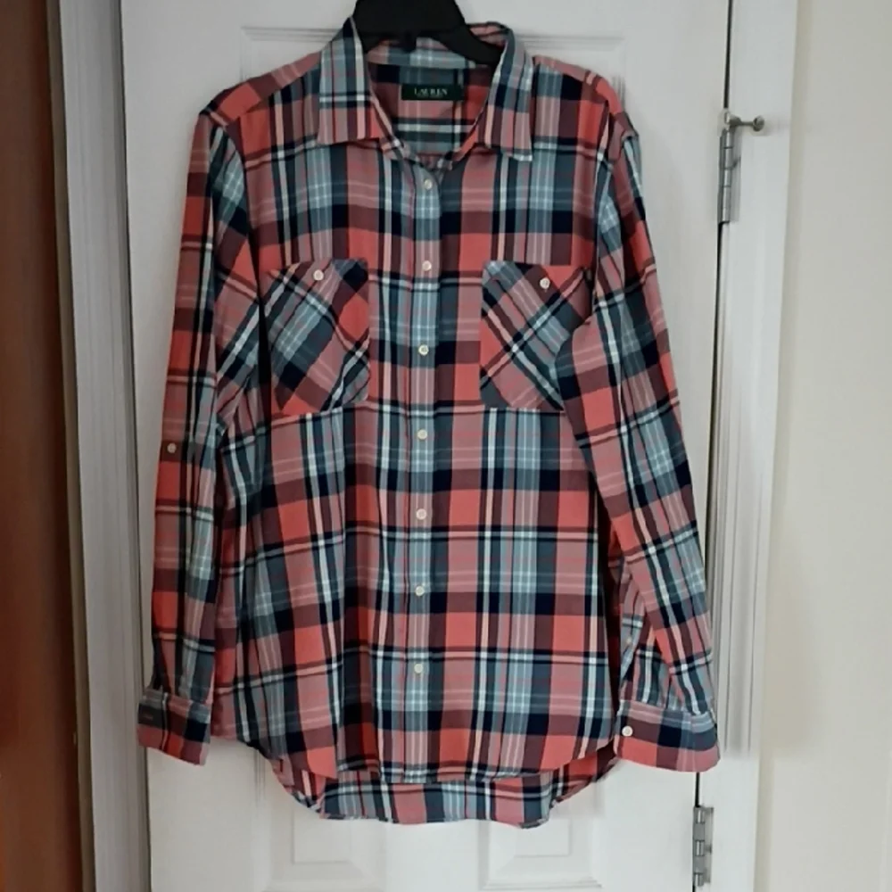 Ralph Lauren Women's Plaid Oxford Button Down Shirt, XL - Picture 1 of 10